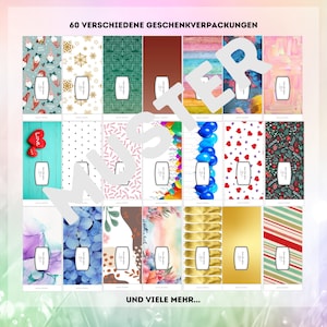 May include: A collage of 60 different gift wrapping paper designs. The designs include patterns like snowflakes, hearts, balloons, stripes, and floral patterns. The text "60 VERSCHIEDENE GESCHENKVERPACKUNGEN" and "UND VIELE MEHR..." are visible in the image.
