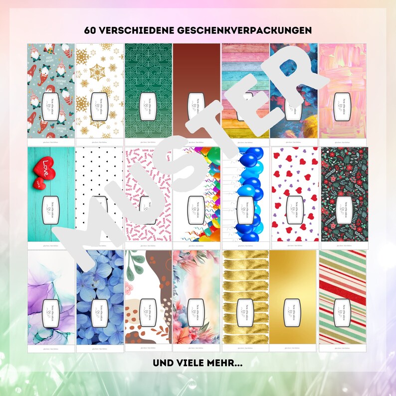 May include: A collage of 60 different gift wrapping paper designs. The designs include patterns like snowflakes, hearts, balloons, stripes, and floral patterns. The text "60 VERSCHIEDENE GESCHENKVERPACKUNGEN" and "UND VIELE MEHR..." are visible in the image.