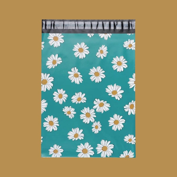 Daisy Illustrated Turquoise Floral Poly Mailer Shipping Pouch Self Adhesive 10"x13" 10ct, 25ct, 50ct, 100ct