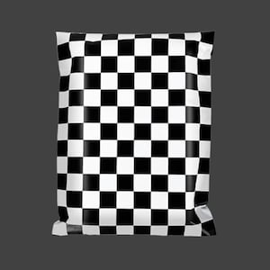 May include: A rectangular package with a black and white checkered pattern. The pattern consists of evenly spaced squares, creating a racing flag design. The package is sealed and appears to be made of a glossy material.