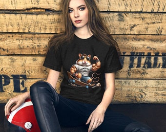 T-shirt unisexe à manches courtes, imprimé hamster sur skateboard