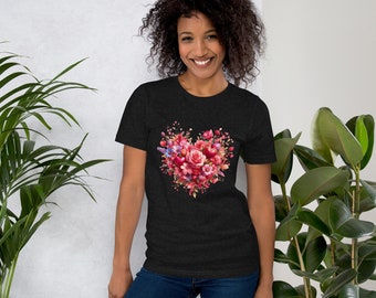 T-shirt unisexe à manches courtes, imprimé coeur à fleurs