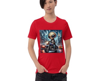 T-shirt unisexe à manches courtes, imprimé, Alien sur moto