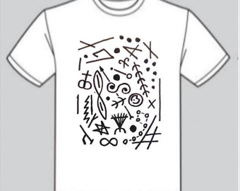 May include: White t-shirt with a black abstract design featuring various shapes, lines, and symbols.