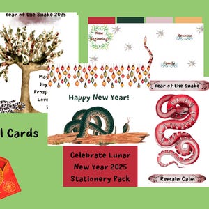 Happy Lunar New Year Stationery Set/Digital Download New Years Cards/Year of the Snake Stationery/Chinese New Year Card