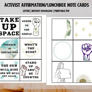 May include: Printable note cards with inspirational quotes and illustrations. The cards feature phrases like "Take Up Space", "Courage is Contagious", "What's the Rush?", "The Sun Will Rise and We Will Try Again", and "Stand Up and Be Counted".