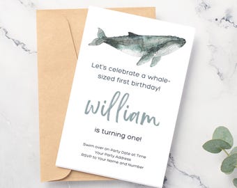 Modello di invito di compleanno a tema balena Canva / Invito stampabile per feste per bambini / Download digitale per compleanno a tema oceano
