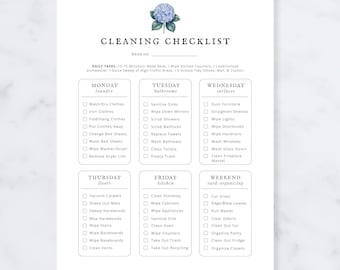 Elenco di controllo per le pulizie settimanali stampabile / Programma giornaliero modificabile / Planner minimalista per la casa Hydrangea / Download immediato del PDF