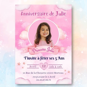 Lot de cartes, Invitations anniversaire fille, Carton d'invitation enfant personnalisée, thème princesse