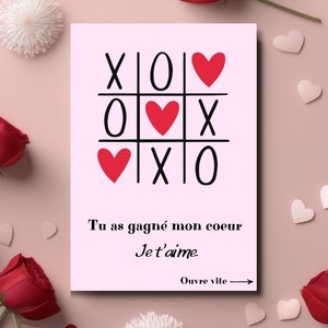 Carte St Valentin, Carte Mignonne, Cadeau St valentin, Cadeau original, Carte amour, Carte amoureux, Carte je t'aime, jeu du morpion