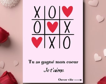 Carte St Valentin, Carte Mignonne, Cadeau St valentin, Cadeau original, Carte amour, Carte amoureux, Carte je t'aime, jeu du morpion