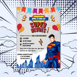 Lot de cartes, Invitations anniversaire super-héros garçon, Carton d'invitation enfant personnalisée, thème super-héros