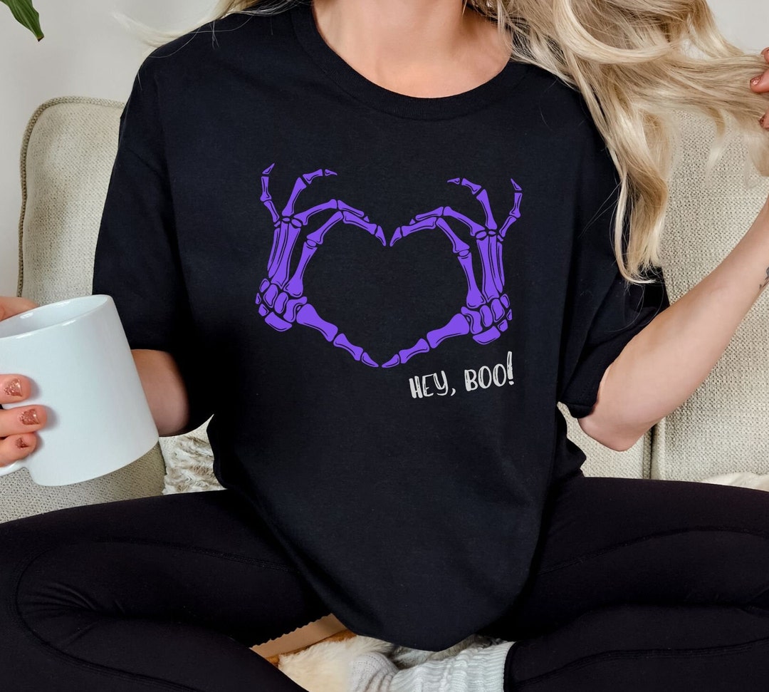 Hey Boo Skeleton Skeleton Hands Heart Symbol Halloween T-shirt, Playful Halloween Shirt ...