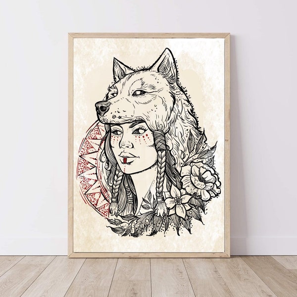 Wolf shaman digital print art norse fantasy animal art flowers Printable Viking Wall Art INSTANT DOWNLOAD