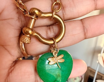 Malaysian Jade Heart Necklace, Natural Crystal for Prosperity and Harmony, Waterproof Stainless Steel Jewelry