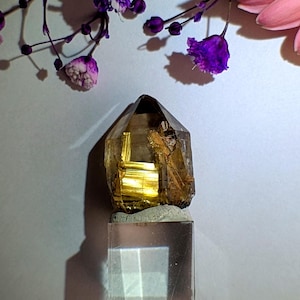 May include: A faceted, golden-brown crystal point on a clear, square base. The crystal has internal golden inclusions and sits atop a rough, light-colored base. Purple flowers and a pink flower are in the background, casting shadows on the white surface.