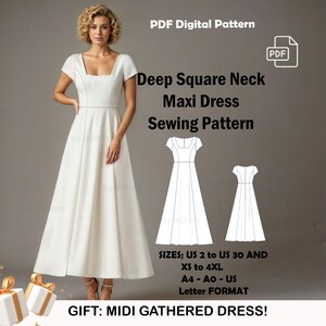 Könnte beinhalten: PDF-Schnittmuster für ein Maxikleid mit tiefem quadratischem Ausschnitt. Das Schnittmuster umfasst die Größen US 2 bis 30 und XS bis 4XL. Das Schnittmuster ist im Format A4, A0 und US Letter erhältlich. Das Schnittmuster beinhaltet auch ein kostenloses Schnittmuster für ein Midi-Faltenkleid.