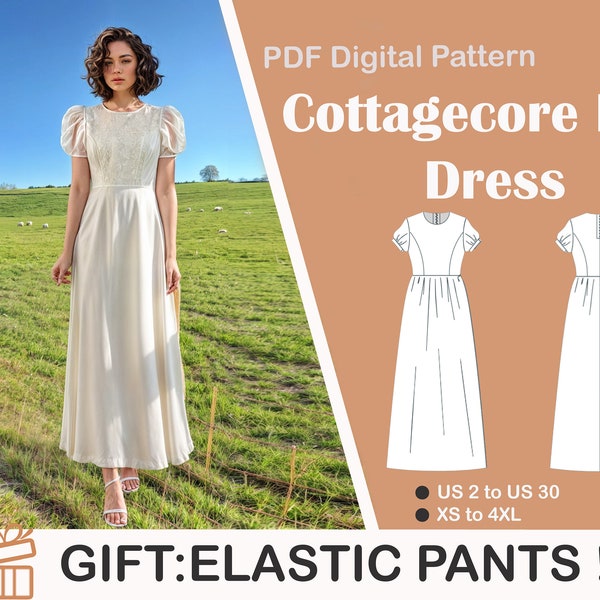 Gathered Maxi Cottagecore Dress Sewing Pattern,Fairy dress Dress, Sundress Pattern, PDF Pattern,US Sizes 2-30, Plus Size Pattern