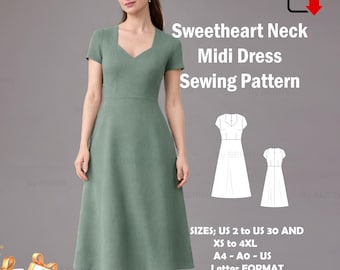 Midi Fit and Flare Dress PDF Pattern;Sweetheart Neck, Short Sleeve,US 2–30