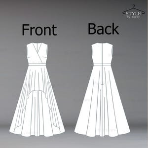 Puede incluir: Dibujo de l&iacute;nea de un vestido con un dobladillo alto-bajo. La vista frontal muestra un escote en V y un corpi&ntilde;o de estilo envolvente. La vista posterior muestra un dise&ntilde;o simple y sin mangas. El texto "Front" y "Back" est&aacute; etiquetado encima de cada vista.