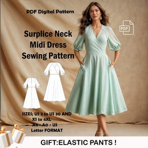 Surplice Neck Midi Dress Sewing Pattern | Bishop Sleeve Dress Pattern | Instant Download | Medieval Dress | US Sizes 2-30, Plus Size Pattern