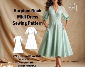 Surplice Midi Dress Sewing Pattern: Bishop Sleeves, US Sizes 2-30 (PDF Pattern)