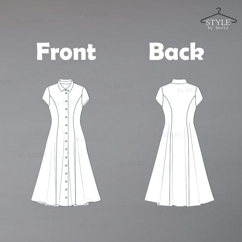 May include: Line drawing of a dress with a button-up front and short sleeves. The dress has a fitted bodice and a flared skirt. The drawing shows the front and back views of the dress.