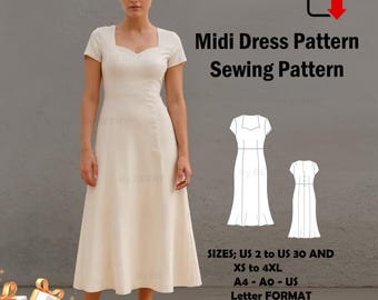 Vintage Midi Dress Sewing Pattern PDF | Sweetheart Neckline, 3/4 Circle Skirt