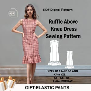 Ruffle Above Knee Dress Sewing Pattern | Vintage Dress Pattern | Ruffle Dress Pattern, | Midi Dress | US Sizes 2-30 |  Plus Size Pattern