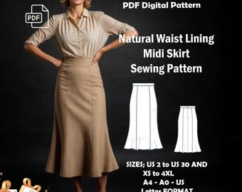 Midi Skirt Sewing Pattern | Trumpet Lining Midi Skirt Pattern | Trumpet Midi Skirt Pattern PDF Pattern |  US Sizes 2-30 | Plus Size Pattern