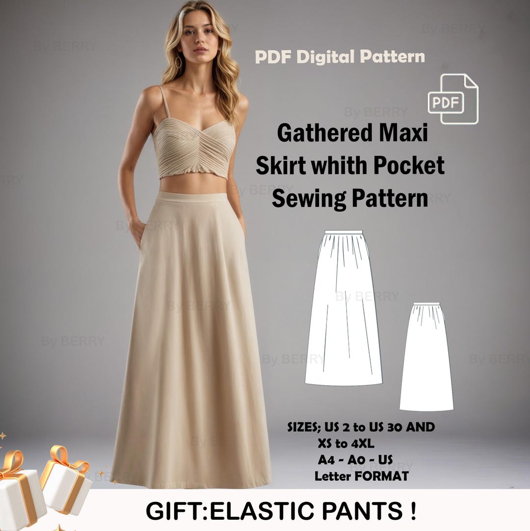 Maxi Gathered Skirt Sewing Pattern With Pockets (PDF Pattern) Etsy — free download