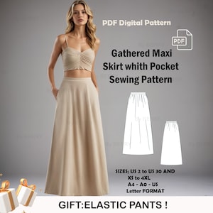 May include: A digital sewing pattern for a gathered maxi skirt with a pocket. The pattern includes sizes UK 4 to UK 28 and XS to 4XL. The pattern is available in A4, A0, and UK Letter format. The text "GIFT: ELASTIC PANTS!" is at the bottom of the image.