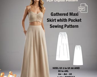 Maxi Gathered Skirt Sewing Pattern |  Gathered Maxi Skirt whith Pocket | Linen Skirt Pattern PDF Pattern | US Sizes 2-30 | Plus Size Pattern