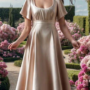 Puede incluir: Una mujer con un vestido largo de satén beige claro fluido con escote redondo y mangas cortas abullonadas. Está de pie en un jardín con flores rosas.