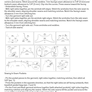 May include: Diagram showing how to sew in-seam pockets. The diagram shows the steps for attaching the pocket pieces to the garment, pressing the pockets, and stitching the side seams. The diagram includes text instructions and illustrations.