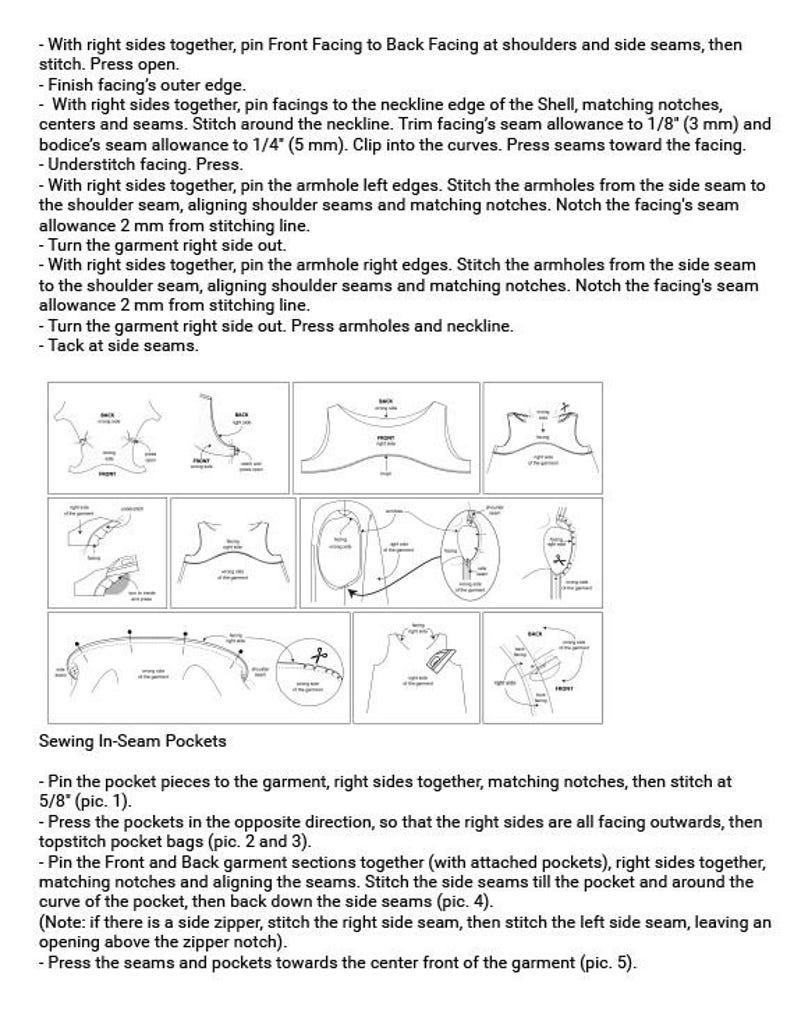 May include: Diagram showing how to sew in-seam pockets. The diagram shows the steps for attaching the pocket pieces to the garment, pressing the pockets, and stitching the side seams. The diagram includes text instructions and illustrations.