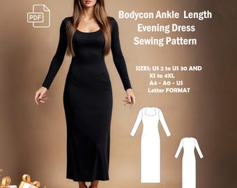 Puede incluir: Un patrón de costura para un vestido de noche negro de corte ajustado hasta el tobillo. El patrón incluye las tallas españolas 34 a 54 y XS a 4XL. El patrón se imprime en papel A4 o A0 en formato carta. La imagen también muestra un regalo: un vestido midi fruncido.