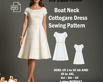 Puede incluir: Un patrón de costura para un vestido blanco de cuello barco con una modelo vistiendo el vestido. El patrón incluye tallas ES 34 a ES 48 y XS a 4XL. El patrón está disponible en formato A4, A0 y Carta. El texto "GIFT: ELASTIC PANTS!" está en la parte inferior de la imagen.