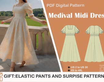 Modèle de robe midi médiévale, modèle de robe cosplay à encolure carrée, robe midi, tailles américaines 2-30, modèle grande taille