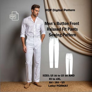 Peut inclure: Patron de couture PDF pour un pantalon à la coupe décontractée avec un devant boutonné. Le patron comprend les tailles US 35 à 56 et XS à 4XL. Le patron est disponible en format A4, A0 et US Letter.