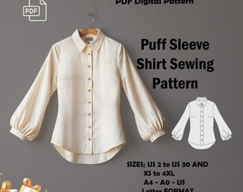 May include: A PDF digital sewing pattern for a puff sleeve shirt. The pattern includes sizes US 2 to US 30 and XS to 4XL. The pattern is available in A4, A0, and US Letter format. The image shows a white shirt with puff sleeves and a line drawing of the shirt pattern. The text "GIFT: ELASTIC PANTS!" is at the bottom of the image.