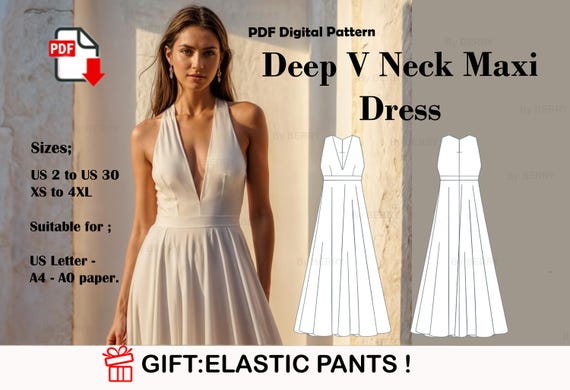 v neck dress pattern Sewing , Maxi Dress Sewing Pattern , Bohemian Dress Pattern , Flared Sleeve Dress Pattern , PDF Digital Sewing Pattern you get a carefully curated collection of day dresses Rosa V-neck Elastic Waist Dress