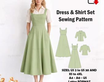 Cottagecore Pinafore Sewing PDF, Shirt Included, Women Sizes 2–30