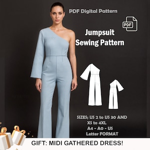 Jumpsuit Sewing Pattern | One Shoulder Sewing Pattern | Formal Jumpsuit Pattern | Flare sleeve jumpsuit | US Sizes 2-30 | Plus Size Pattern