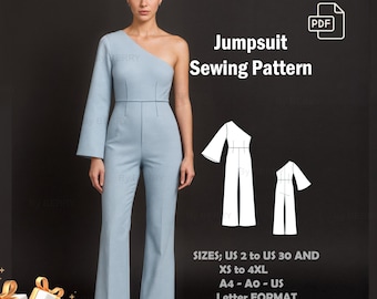 Jumpsuit Sewing Pattern | One Shoulder Sewing Pattern | Formal Jumpsuit Pattern | Flare sleeve jumpsuit | US Sizes 2-30 | Plus Size Pattern