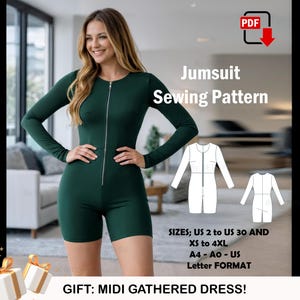 Naaipatroon jumpsuit ritssluiting aan de voorkant: lange mouw, Amerikaanse maat 2-30 (pdf-patroon)