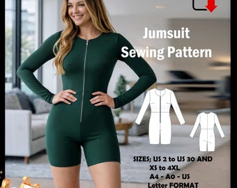 Zipper Front Jumpsuit Sewing Pattern: Long Sleeve US Size 2-30 (PDF Pattern)