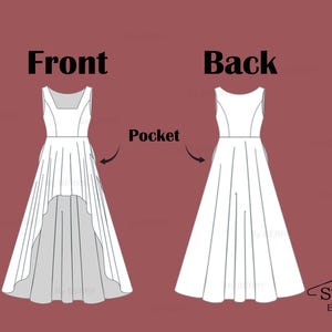 May include: Line drawing of a high-low dress with a pocket on the front. The dress has a scoop neck and sleeveless design. The front of the dress is shorter than the back. The back of the dress is a standard length. The text "Front" and "Back" are written above the dress.