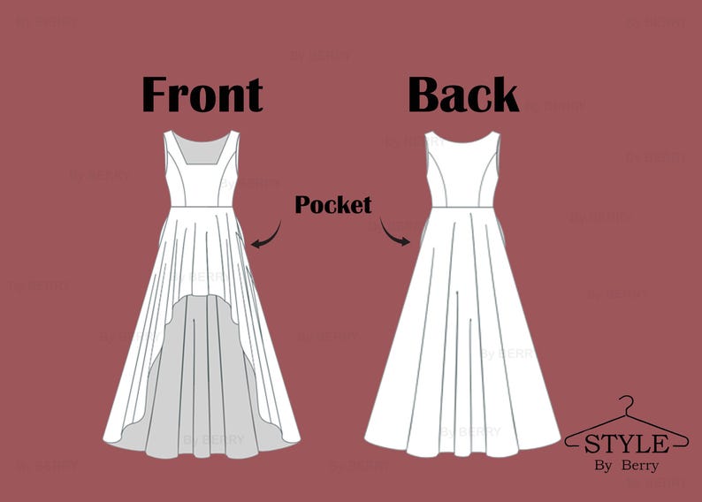 May include: Line drawing of a high-low dress with a pocket on the front. The dress has a scoop neck and sleeveless design. The front of the dress is shorter than the back. The back of the dress is a standard length. The text "Front" and "Back" are written above the dress.