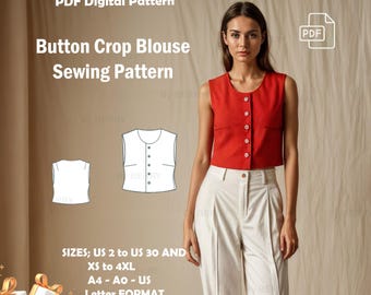 Button Crop Blouse Sewing Pattern: Sleeveless Fitted Design (PDF Pattern)